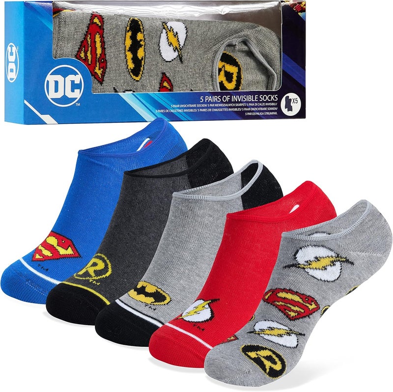 DC Comics Socks for Boys Liner No Show Socks 5 Pack Soft Stretchy Batman Superman The Flash Summer Sports School Casual - Image 1